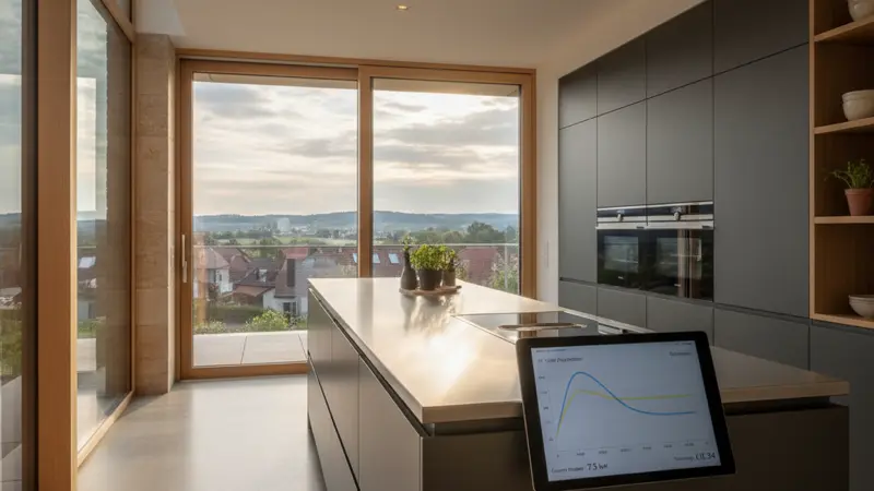 Smart-Home-Tablet zeigt Solarstrom-Erzeugung und Eigenverbrauch in Echtzeit