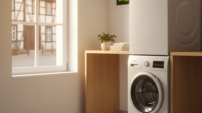 Moderne Waschmaschine und Geschirrspüler in einem hellen Hauswirtschaftsraum mit Smart-Home-Display