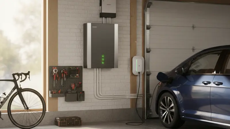 Moderner Lithium-Ionen-Batteriespeicher professionell installiert in einer deutschen Garage