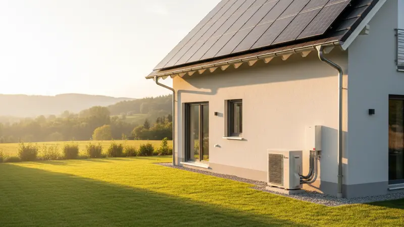 Luft-Wasser-Wärmepumpe neben einem deutschen Einfamilienhaus mit Solarmodulen auf dem Dach