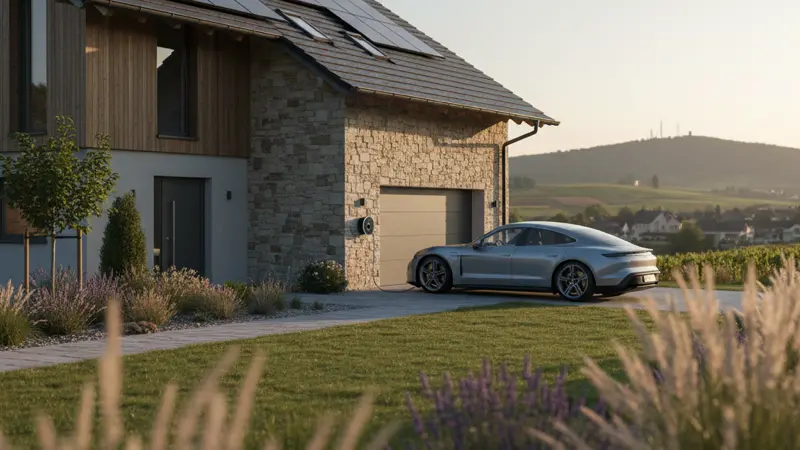 Elektroauto wird an einer Wallbox vor einem deutschen Haus mit Solaranlage auf dem Dach geladen