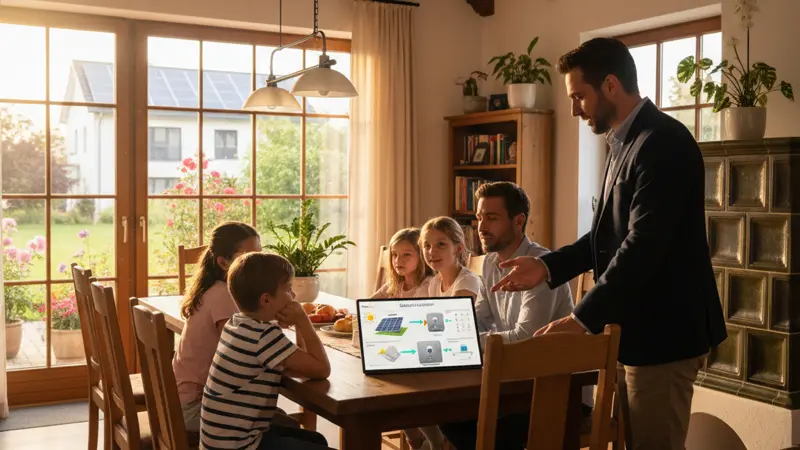 Energieberater erklärt einer Familie die Kombination aus Solaranlage und Wärmepumpe