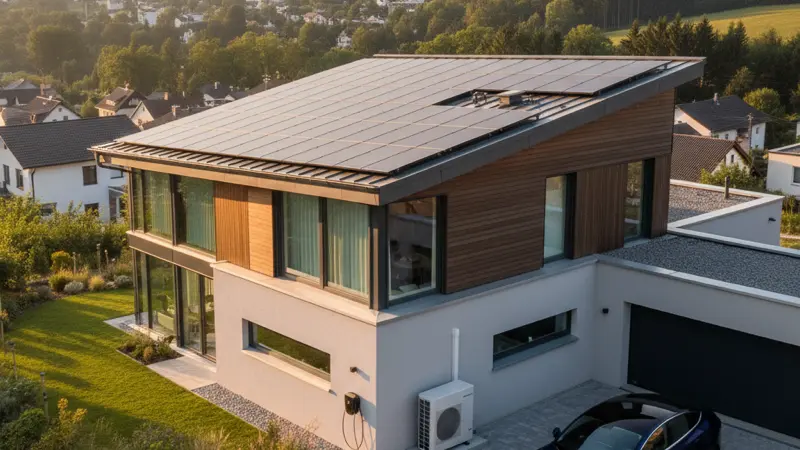 Luftaufnahme eines modernen Energiehauses mit Solaranlage und Wallbox
