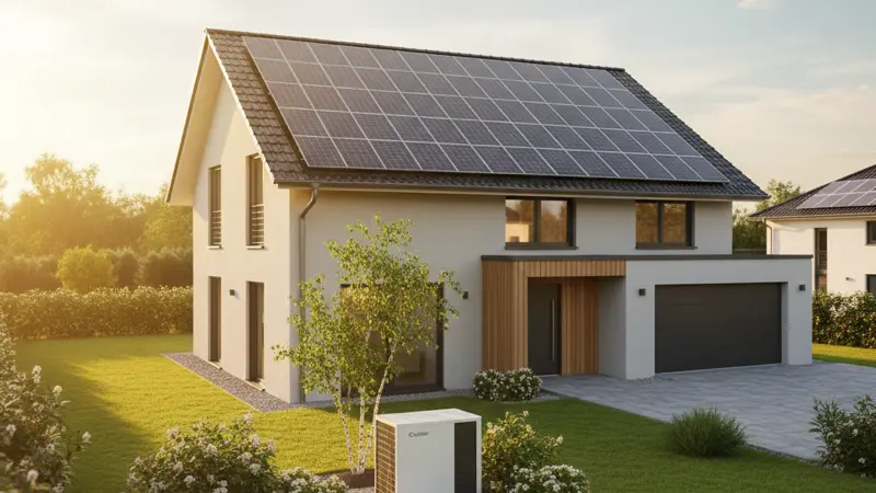 Einfamilienhaus mit Photovoltaikanlage auf dem Dach und Wärmepumpe im Vorgarten