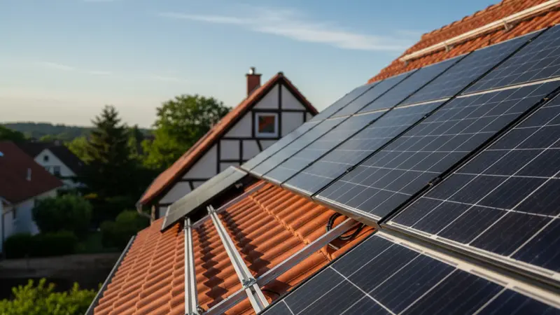 Detailaufnahme von Solarpanels auf einem Ziegeldach mit blauem Himmel