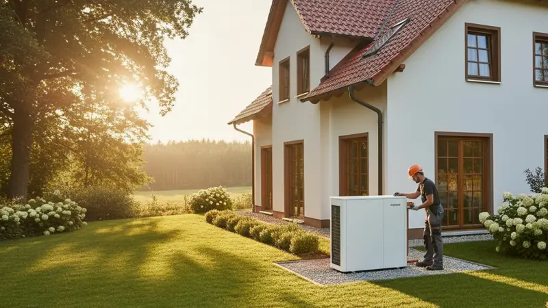 Fachhandwerker bei der Installation einer Wärmepumpe