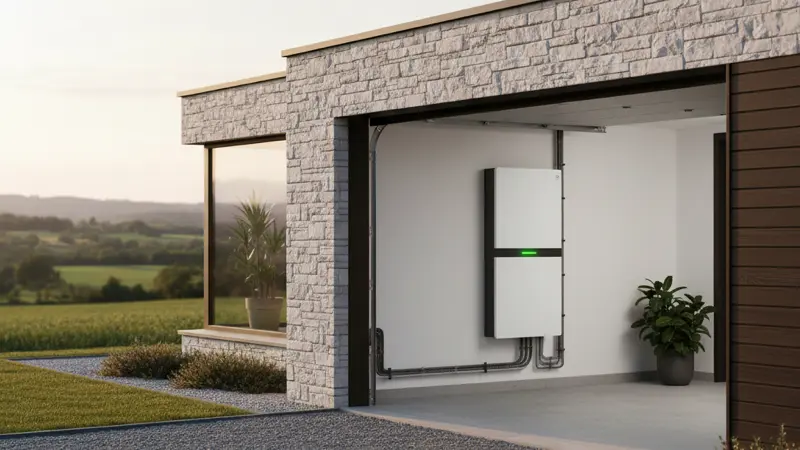 Moderner Hausbatteriespeicher an Garagenwand montiert mit LED-Statusanzeige