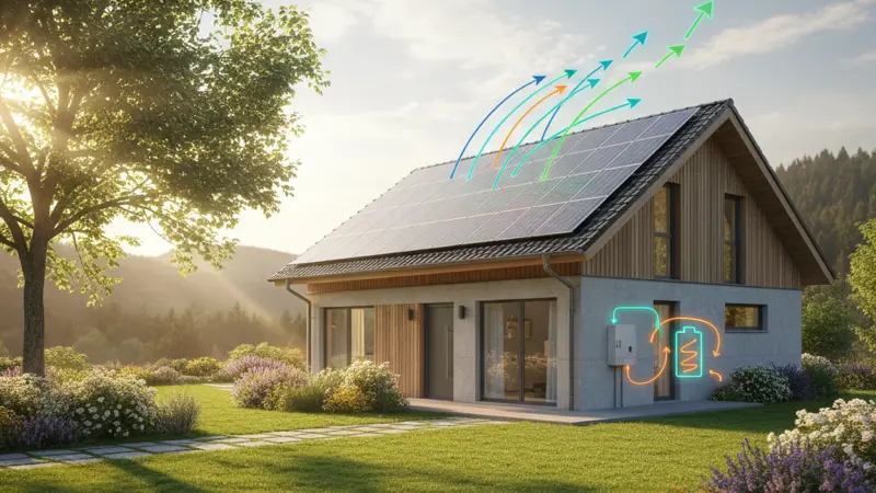 Einfamilienhaus mit Solaranlage und Energiefluss-Visualisierung für Eigenverbrauchsoptimierung
