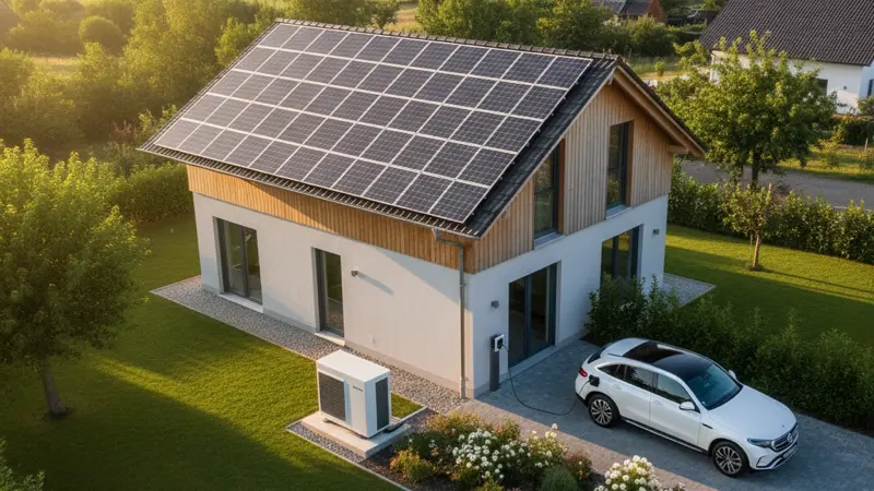 Vogelperspektive auf Einfamilienhaus mit Solaranlage, Wärmepumpe und E-Auto