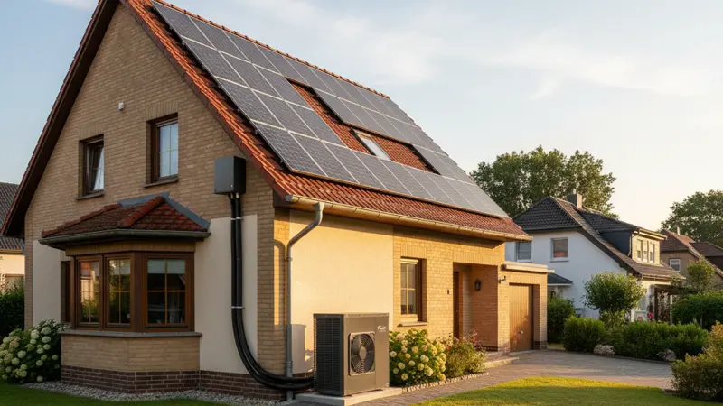 Luft-Wärmepumpe neben Einfamilienhaus mit Solaranlage auf dem Dach