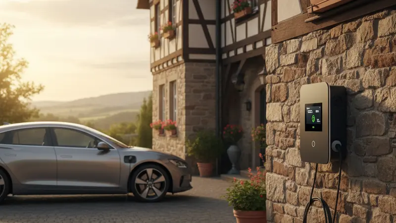 Smarte Wallbox mit Display zeigt Ladestatus und Solarertrag