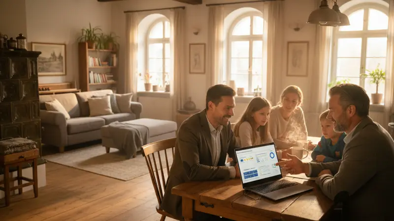 Energieberater im Gespraech mit einer Familie am Küchentisch, Laptop mit Solarertragsdaten