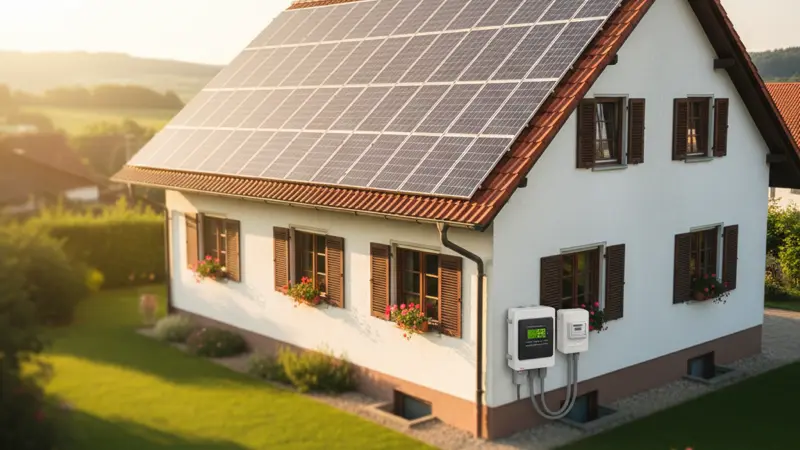 Photovoltaikanlage auf einem deutschen Einfamilienhaus mit Wechselrichter und Smart Meter