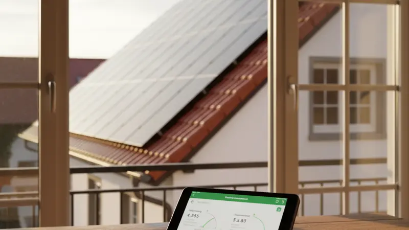 Tablet mit Monitoring-App für eine Solaranlage zeigt Einspeise- und Eigenverbrauchsdaten