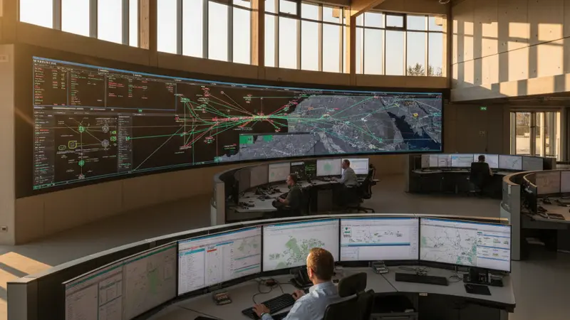 Netzleitwarte eines deutschen Netzbetreibers mit Bildschirmen zur Steuerung der Stromeinspeisung