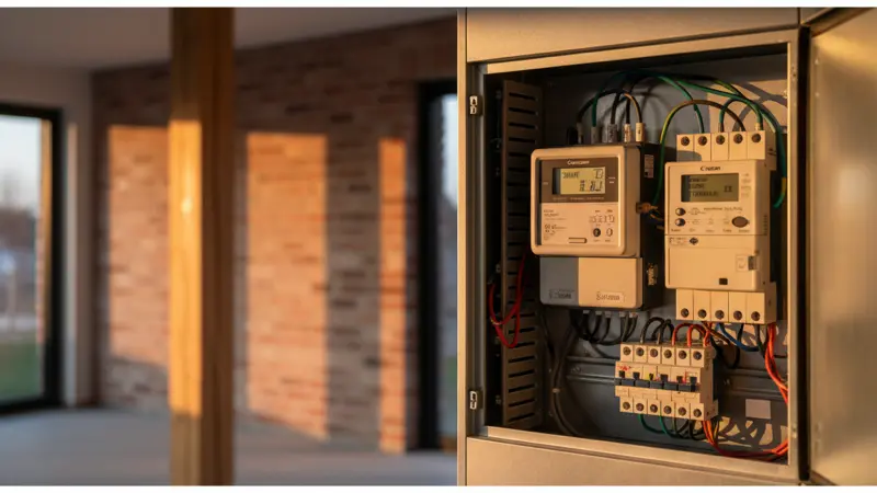 Smart Meter Gateway und digitaler Stromzähler im Zählerschrank eines Einfamilienhauses