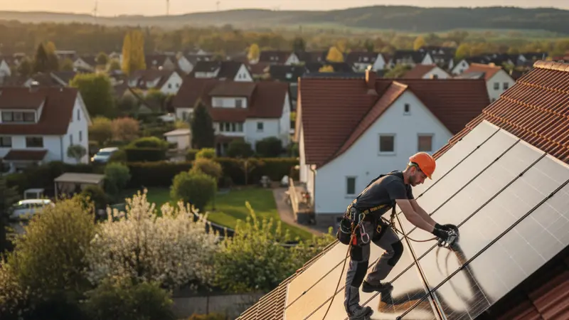 Solartechniker installiert Solarmodule auf einem Hausdach