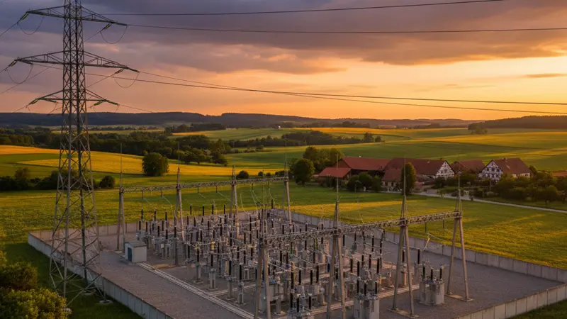 Deutsche Hochspannungsleitungen und Umspannwerk bei Sonnenuntergang
