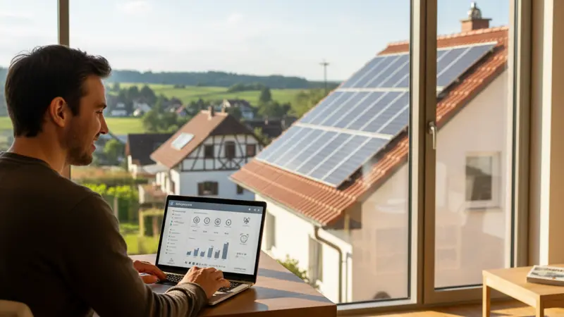 Hausbesitzer am Laptop registriert Solaranlage im Marktstammdatenregister