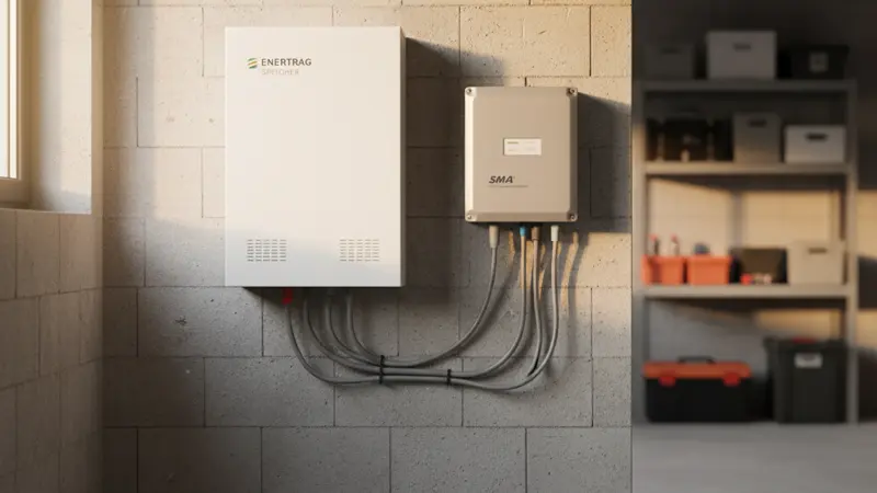 Moderner Batteriespeicher neben einem Wechselrichter an der Kellerwand