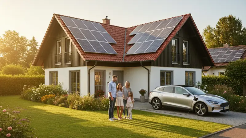 Familie vor Einfamilienhaus mit Solaranlage und Elektroauto in der Einfahrt