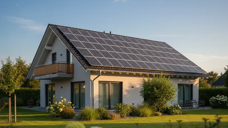 Photovoltaikanlage auf einem modernen deutschen Einfamilienhaus-Dach mit blauem Himmel