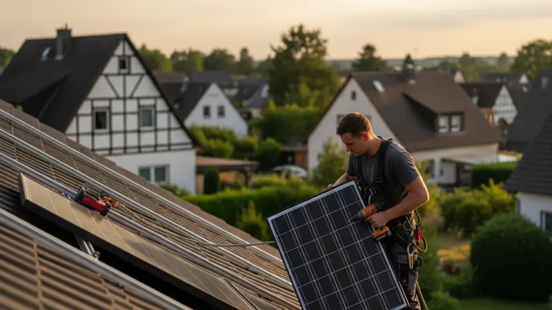 Solartechniker installiert Solarmodule auf einem Hausdach bei Sonnenschein
