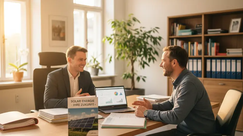 Beratungsgespräch zum Thema Steuern und Photovoltaik am Schreibtisch