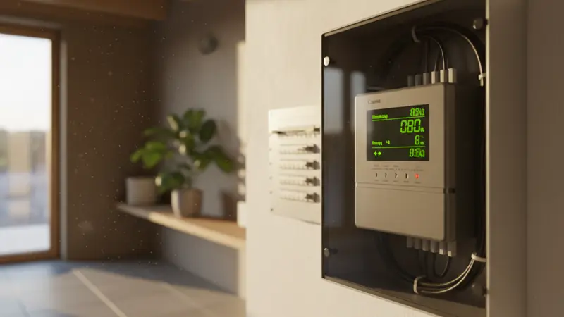 Digitaler Stromzähler mit Smart Meter Display in einem Zählerkasten