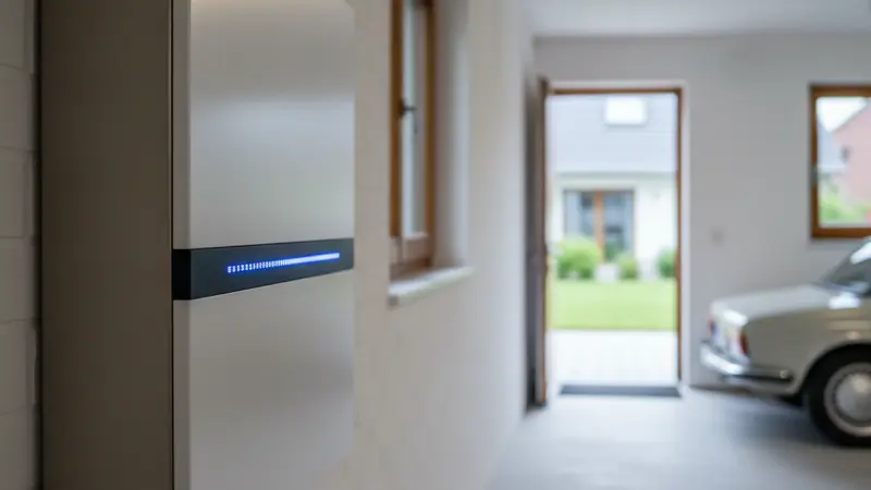 Moderner Batteriespeicher an einer Hauswand