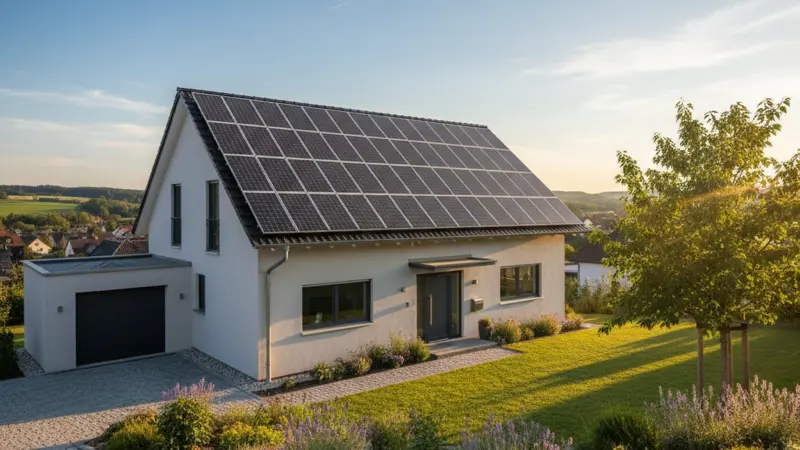 Modernes Einfamilienhaus mit Photovoltaikanlage auf dem Dach