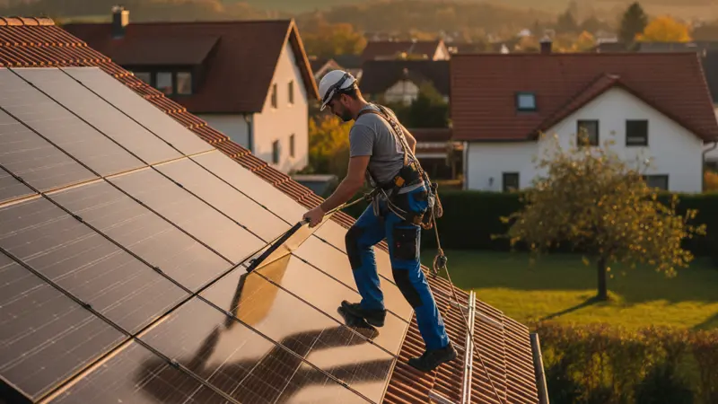 Handwerker installiert Solarmodule auf einem Hausdach