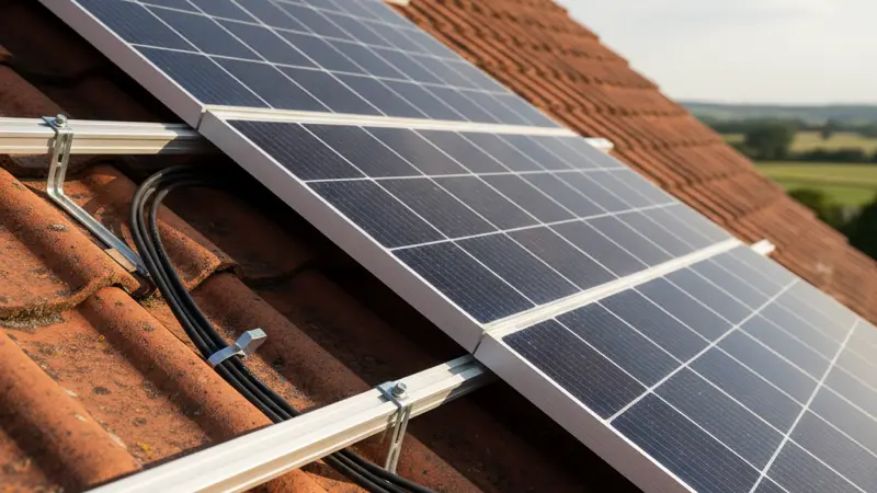 Nahaufnahme einer Solaranlage auf einem Ziegeldach