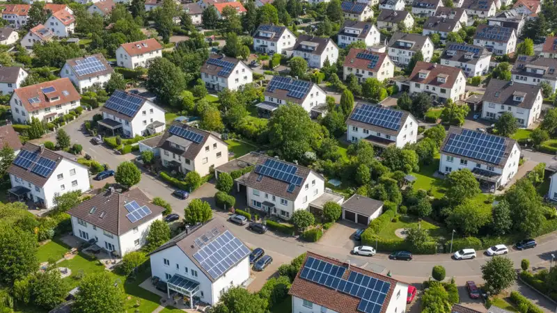 Luftaufnahme einer deutschen Wohnsiedlung mit Solaranlagen auf den Dächern