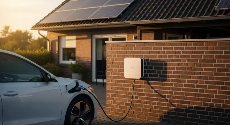 E-Auto lädt an der Wallbox unter einer Photovoltaikanlage