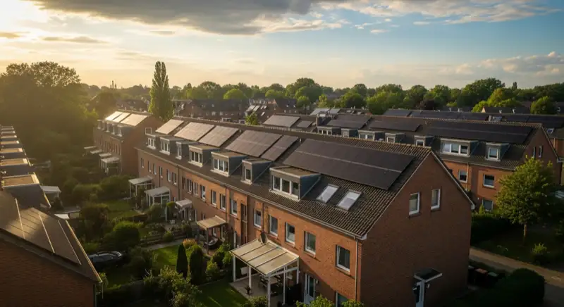 Zechensiedlung im Ruhrgebiet mit Photovoltaik auf den Reihenhausdächern