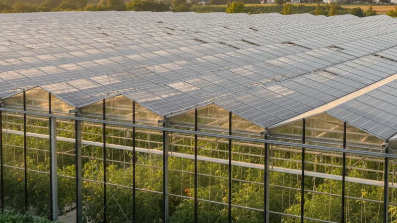 Bifaziale Solarmodule auf einem Gewächshausdach mit Lichteinfall auf Pflanzen darunter