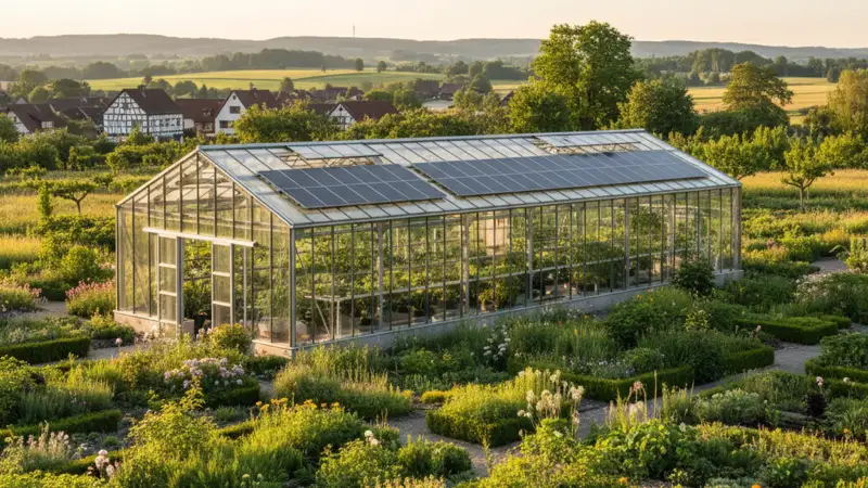 Modernes Glasgewächshaus mit semitransparenten Solarmodulen auf dem Dach in deutscher Landschaft