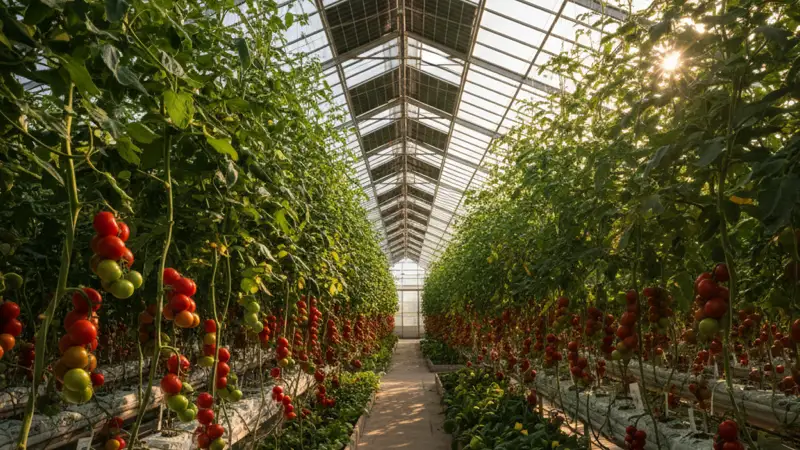 Innenansicht eines Gewächshauses mit Pflanzenwachstum unter semitransparenten Solarmodulen