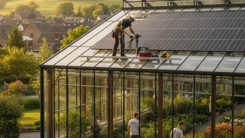 Facharbeiter installiert Solarmodule auf einem Gewächshausdach, professionelle Installation