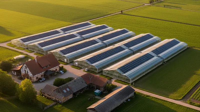 Luftaufnahme eines Gartenbaubetriebs mit mehreren Gewächshäusern und Solarmodulen auf den Dächern