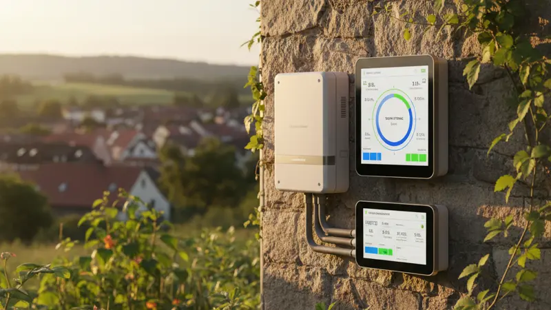 Wechselrichter und Energiemanagement-Display in einem Gewächshaus zeigt Solarertrag