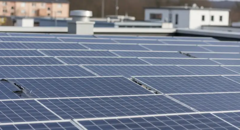 Fertig belegtes Betriebsdach eines deutschen Unternehmens mit sauber ausgerichteten Solarmodulen