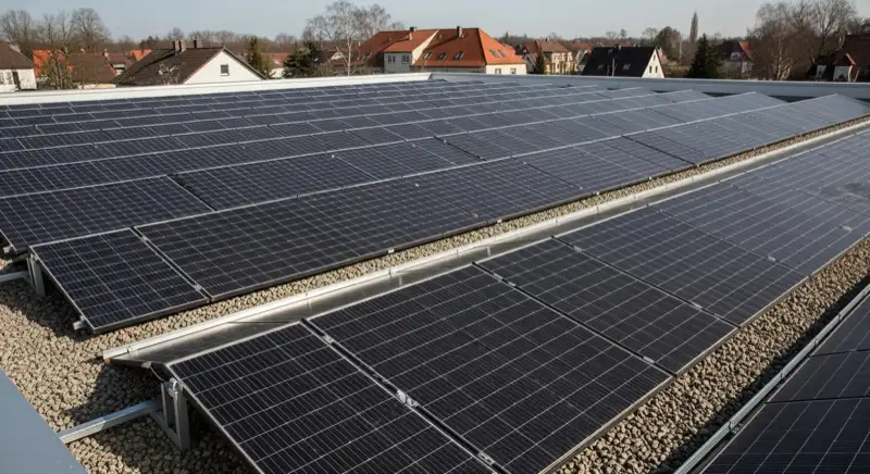 Detail einer großen Photovoltaikanlage auf einem gewerblichen Flachdach mit realistischen Modulreihen