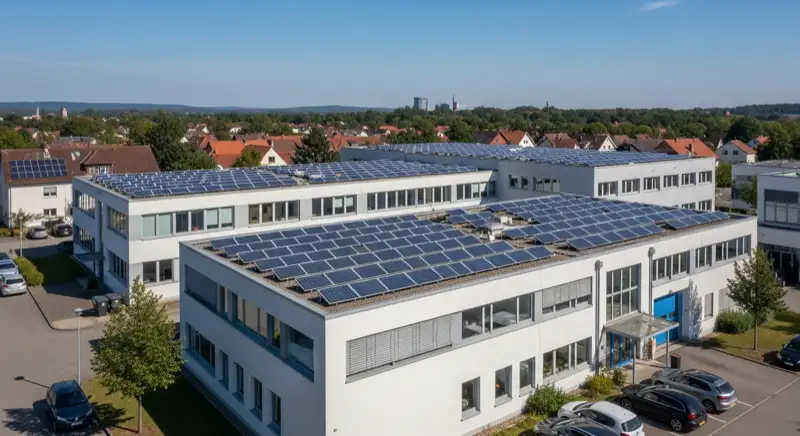 Gewerbliches Bürogebäude mit flacher Dachanlage für Photovoltaik und sauberer technischer Gebäudeumgebung