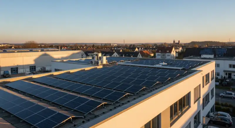 Modernes deutsches Gewerbegebäude mit Photovoltaikanlage auf dem Flachdach und sauberer Dachkante