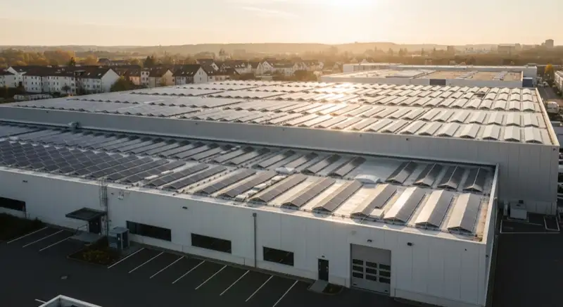 Deutsche Logistikhalle mit großer Photovoltaikanlage auf dem flachen Betriebsdach
