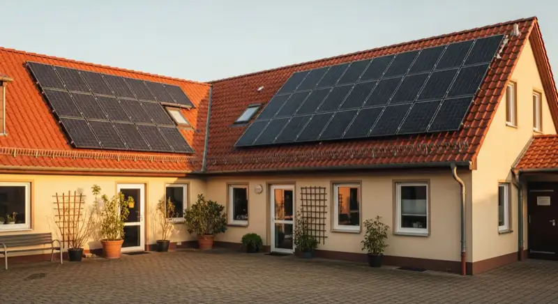 Kleines Gewerbegebäude mit Photovoltaikanlage auf dem Ziegeldach im Morgenlicht