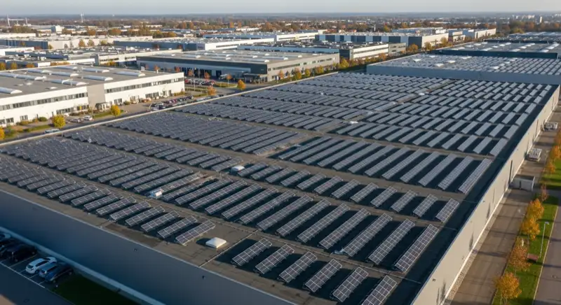 Luftaufnahme einer Gewerbehalle mit vollflächiger Photovoltaikanlage auf dem Flachdach