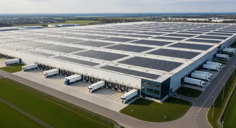 Logistikhalle mit Ost-West-Photovoltaikanlage auf dem Flachdach aus der Luft